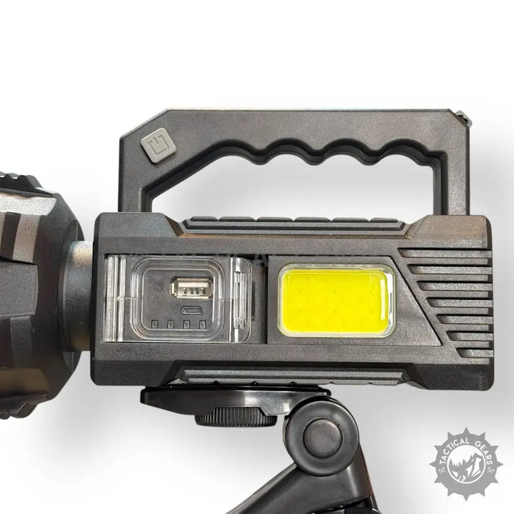 Coba 100W Long Shot Spotlight with handle, power bank, and side COB light for outdoor use