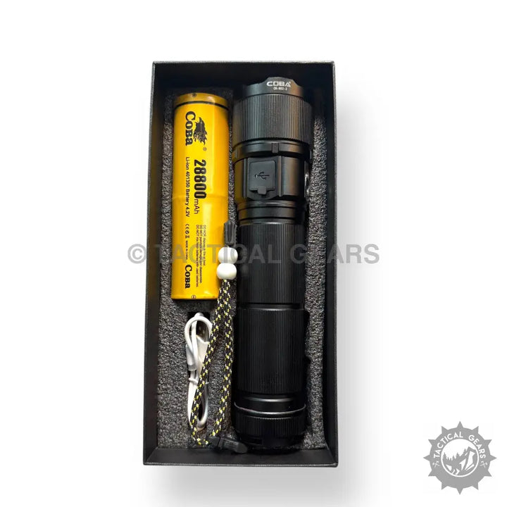 Coba Aluminum 2km tactical flashlight set with yellow rechargeable battery and charging cable