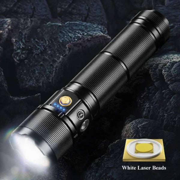Coba Aluminum 2km Tactical Flashlight with bright beam, multiple settings, and battery indicator