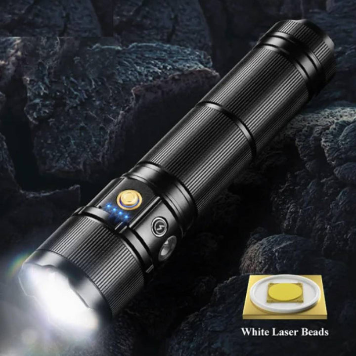Coba Aluminum 2km Tactical Flashlight with bright beam, multiple settings, and battery indicator
