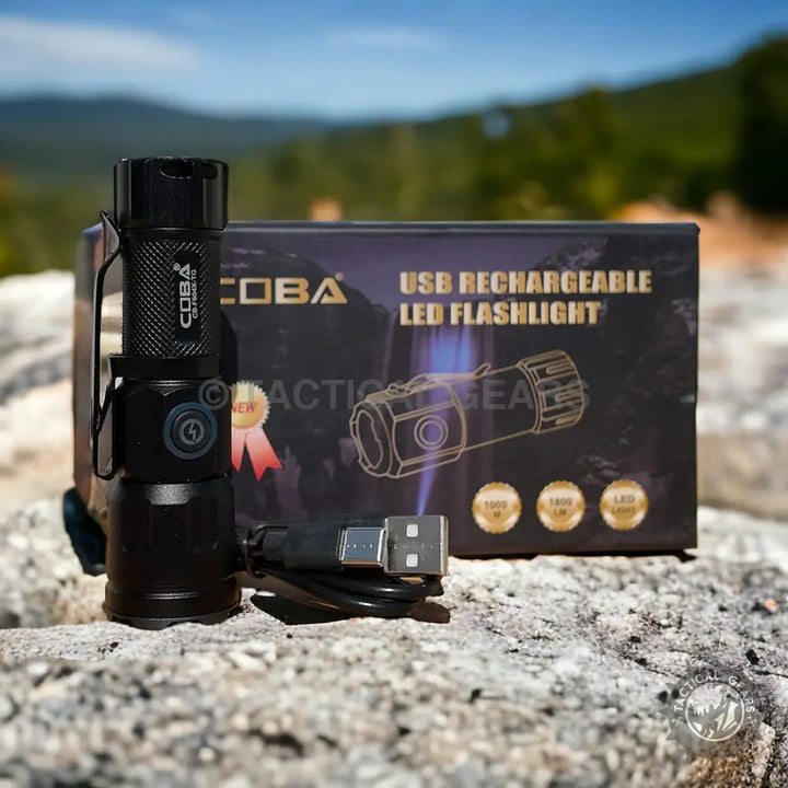 Black COBA Mini Rechargeable LED Flashlight with Pocket Clip, a compact rechargeable LED flashlight