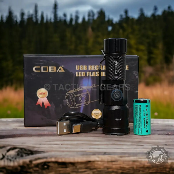 Black COBA Mini Rechargeable LED Flashlight with clip and removable battery for portable lighting