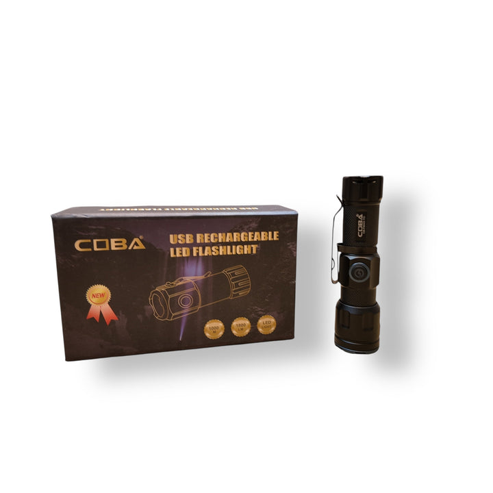 Coba Mini Rechargeable LED Flashlight with textured grip and branded packaging