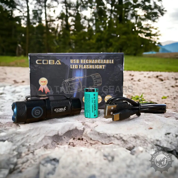 Black COBA Pocket Rechargeable LED Flashlight set with battery and charging cable