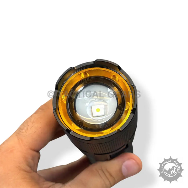Coba Powerful Handheld Flashlight with black tactical design, bright LED, and gold bezel