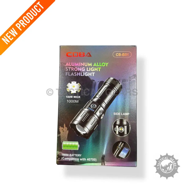 Black aluminum alloy Coba Powerful Handheld Flashlight in retail packaging for brightness and durability