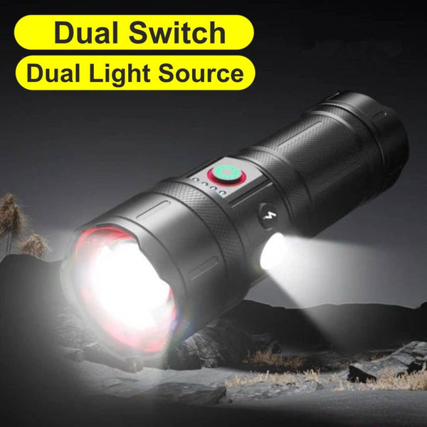 Coba Powerful Handheld Flashlight with dual light sources and switches emitting broad and side beams
