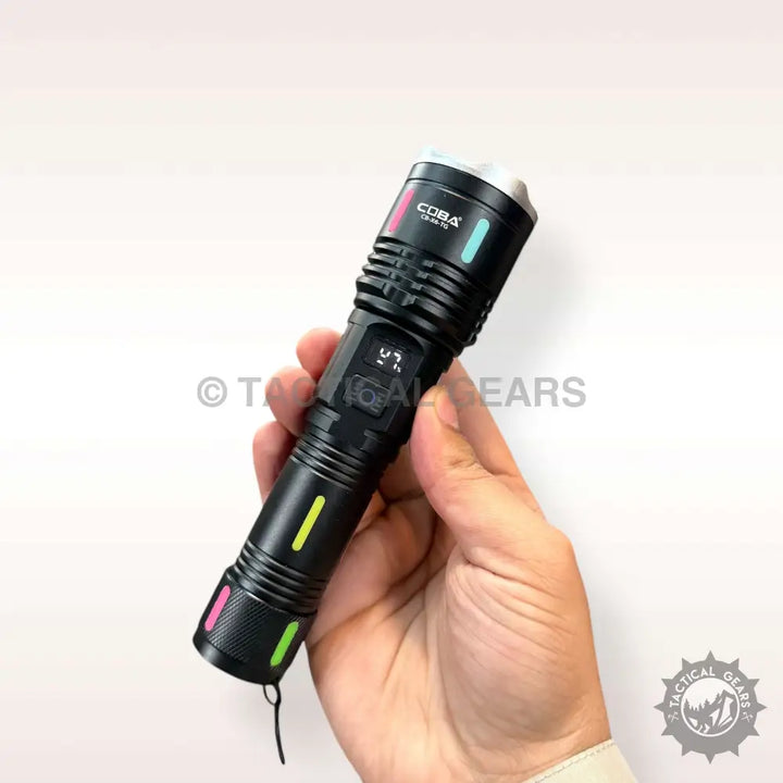Black tactical COBA USB Charging Flashlight with colorful accents and digital display