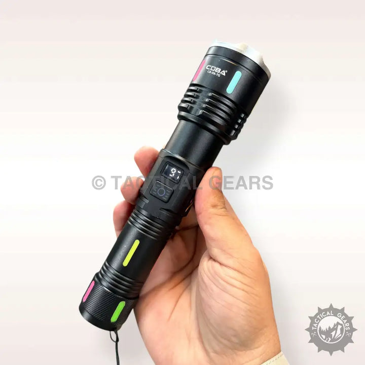 Black COBA USB Charging Flashlight with digital display and colorful indicator lights