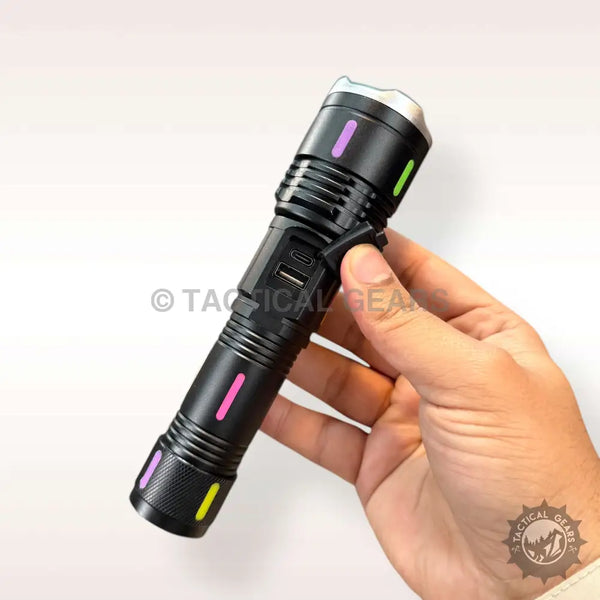Black Coba USB Charging Flashlight with colorful accents and USB charging ports