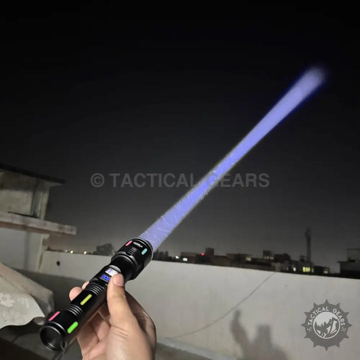 COBA USB Charging Flashlight with colorful accents emitting bright purple beam