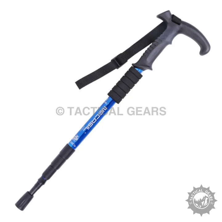 Blue and black adjustable collapsible trekking poles with ergonomic grip and Tactical Gears logo