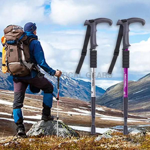 Two collapsible trekking poles with ergonomic handles for hiking