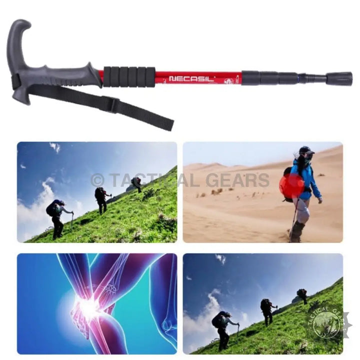 Red and black collapsible trekking poles with ergonomic grip and shock-absorbing feet