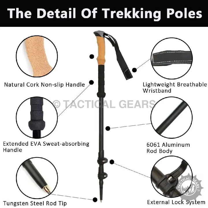 Mountaineering Hiking Stick with natural cork grip, EVA handle, tungsten tip, and lock system