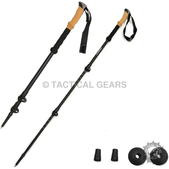 Black collapsible trekking poles with cork grip and versatile tip accessories for Mountaineering Hiking Stick
