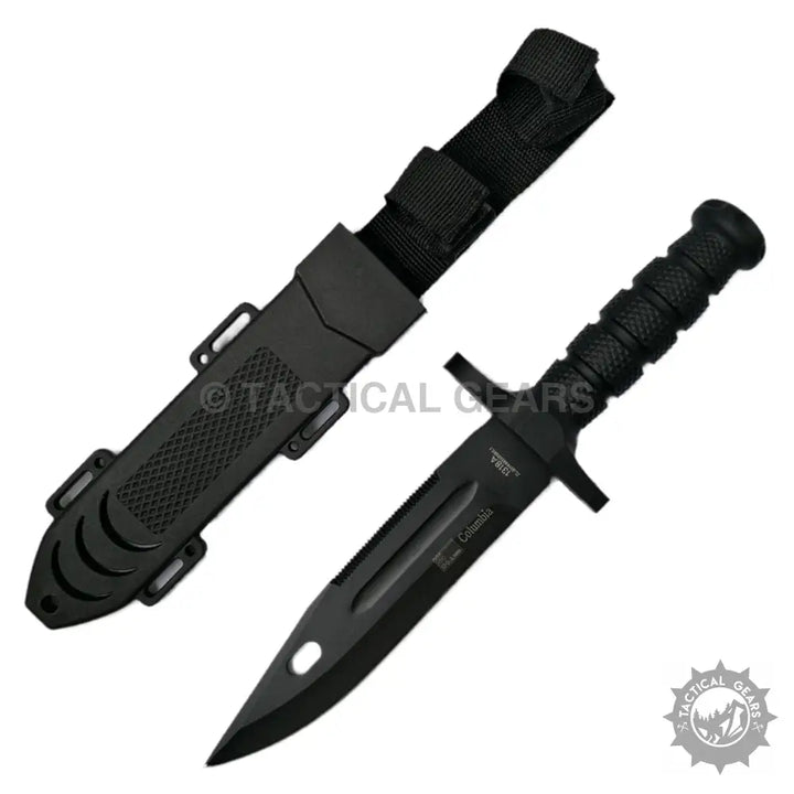 Columbia 1318A fixed blade knife with black steel blade, textured handle and sheath