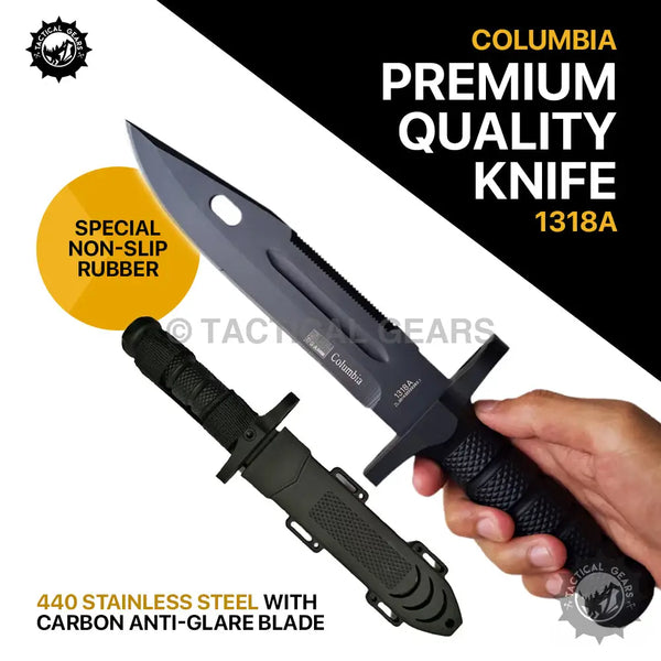 Columbia 1318A fixed blade knife with black tactical rubber handle and carbon anti-glare blade in sheath