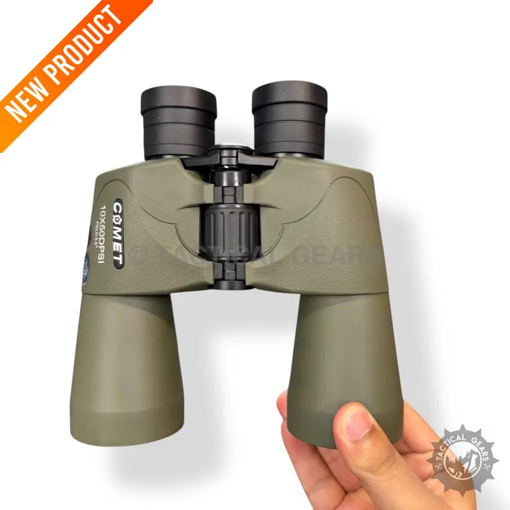 Olive green Comet 10x50DPSI binoculars with central focusing knob and adjustable eyecups