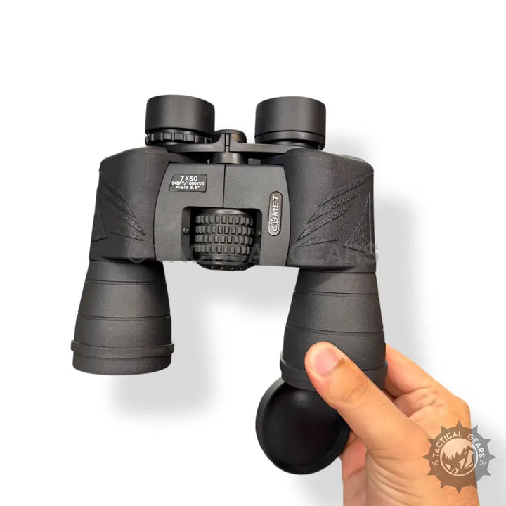 Black 7x50 binoculars with textured grip and central focus wheel for comet viewing