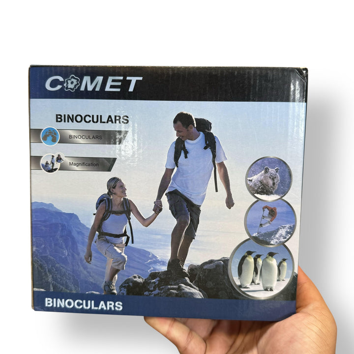 Binoculars in retail packaging showcasing outdoor activities and wildlife with diopter adjustment