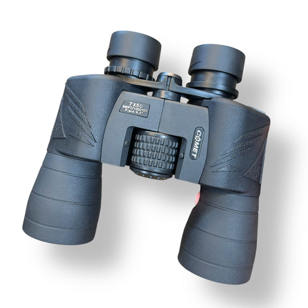 Black Comet 7x50 binoculars with textured grip and diopter adjustment for clear viewing
