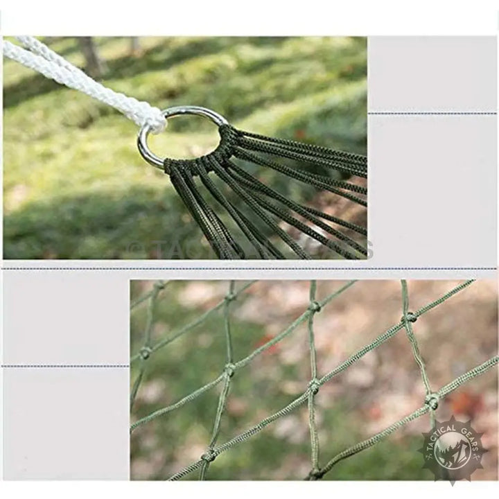 Close-up of a green portable garden hammock with durable rope and metal ring attachment