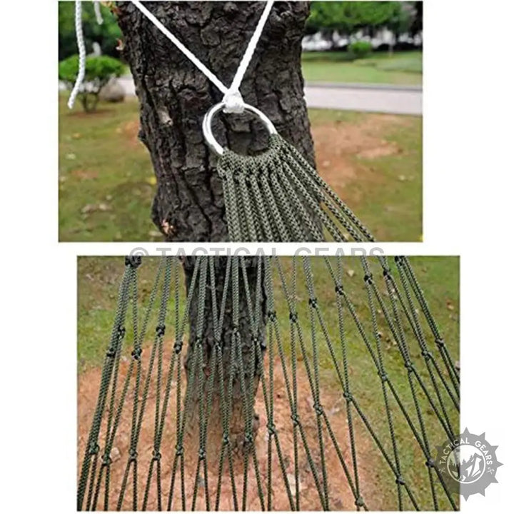 Close-up of a green hammock with durable rope attached to a tree, ideal for outdoor relaxation