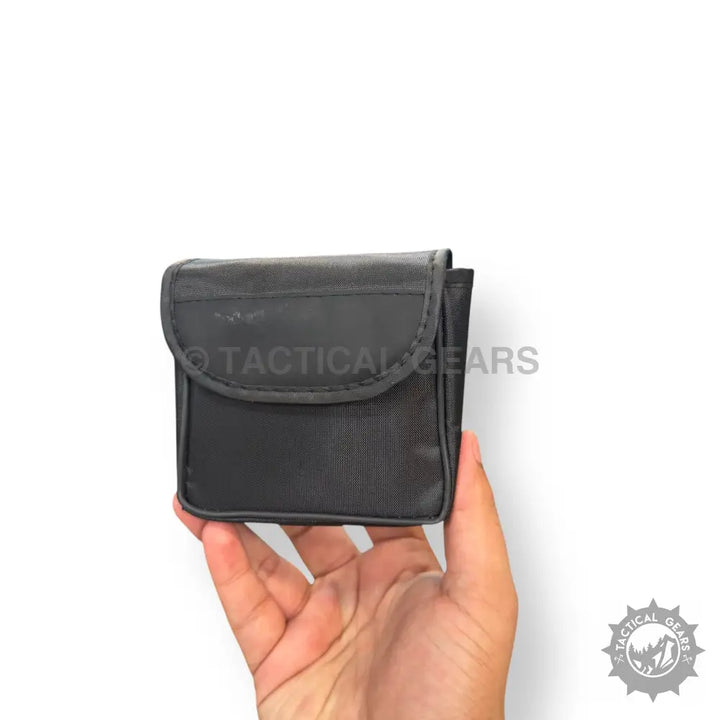 Black leather pouch with rounded flap closure for 20x25 mini binocular carrying case