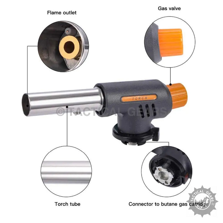 Handheld butane gas torch with labeled components including flame outlet and gas valve