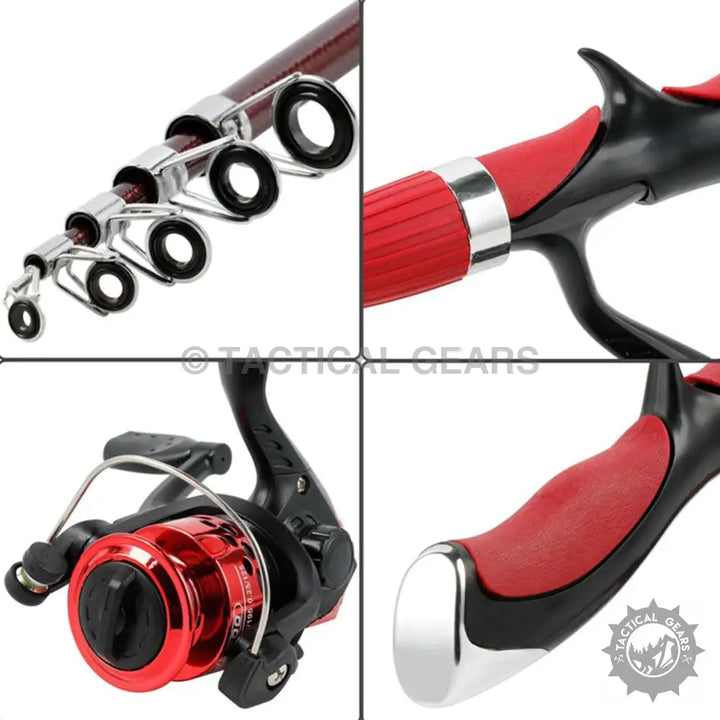 Red and black telescopic fishing rod with spinning reel for mini fishing and fishing rod enthusiasts