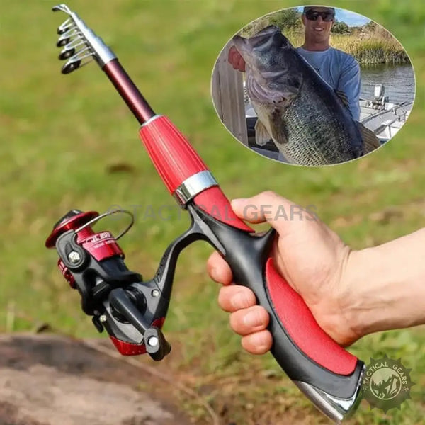 Mini fishing rod and reel combo in red and black, perfect for compact fishing trips