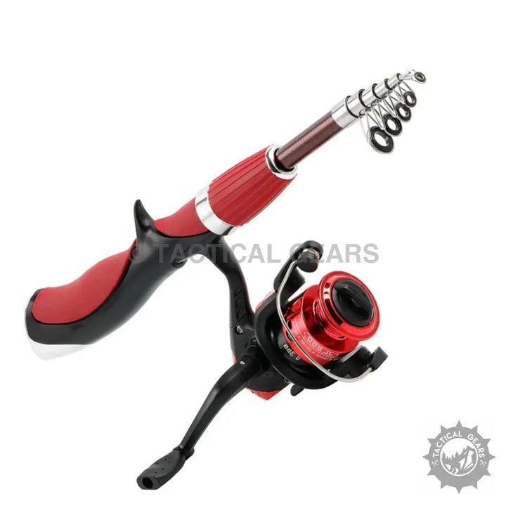 Red and black telescopic fishing rod and spinning reel combo for mini fishing enthusiasts
