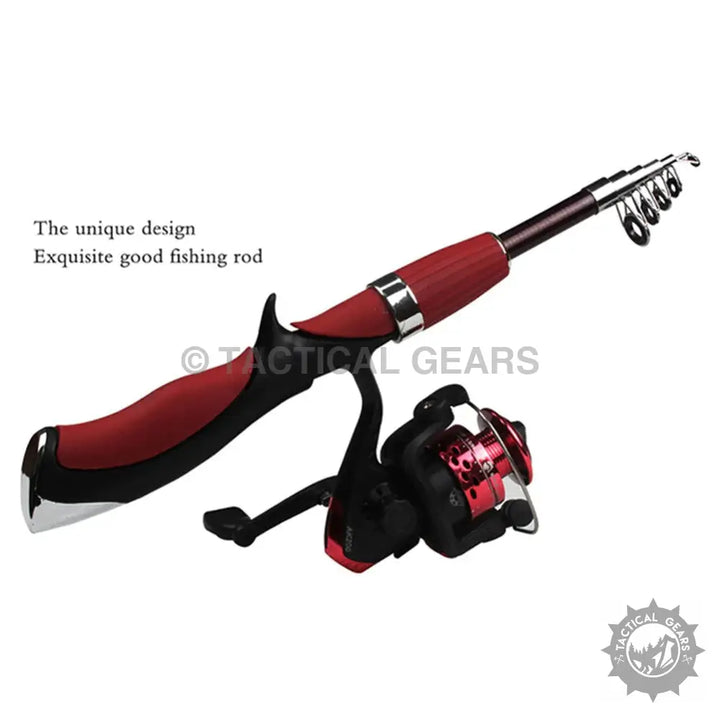 Red and black telescopic fishing rod with spinning reel for mini fishing enthusiasts