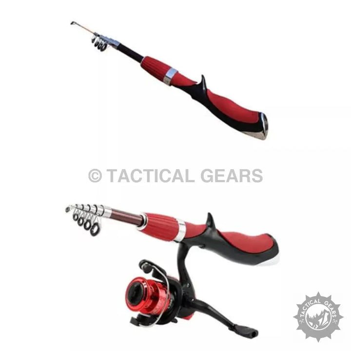 Red and black telescopic fishing rod with spinning reel for mini fishing and fishing rod use