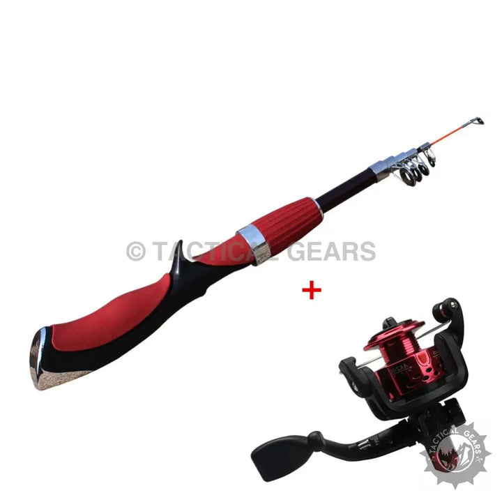 Red and black telescopic fishing rod with matching spinning reel for mini fishing enthusiasts