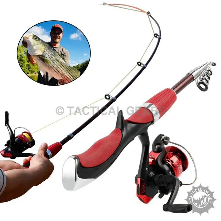 Red and black telescopic fishing rod with spinning reel for mini fishing enthusiasts