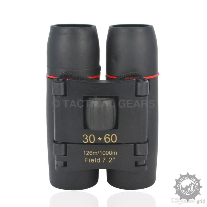 Black compact folding binoculars with red neck strap, ideal size for travel and outdoor use