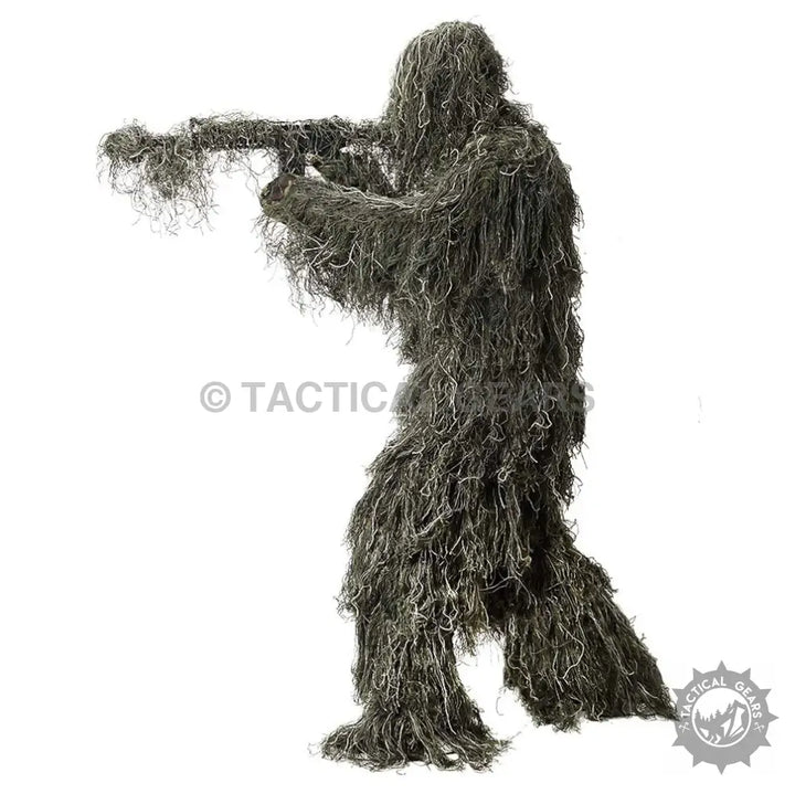Camouflage Forest Hunting Ghillie Suit in dark green and brown for wildlife photography and outdoor activities