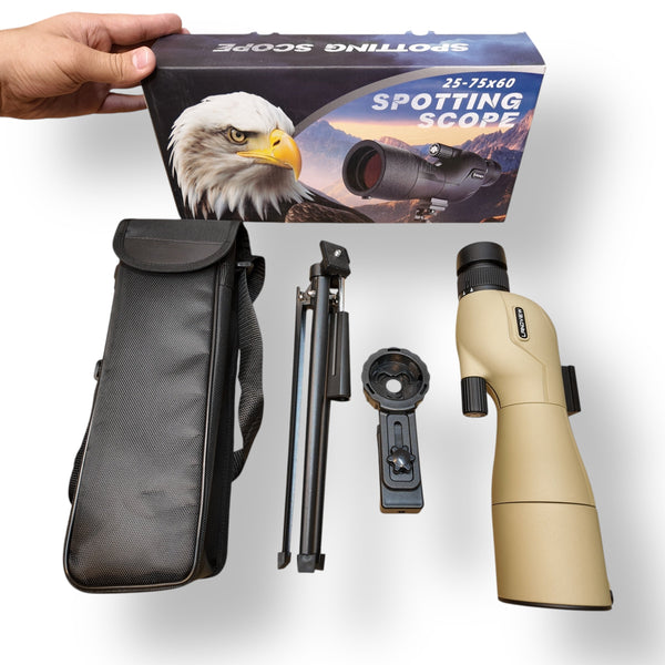 Complete spotting scope kit with tripod, carrying case, and mobile clip for outdoor viewing