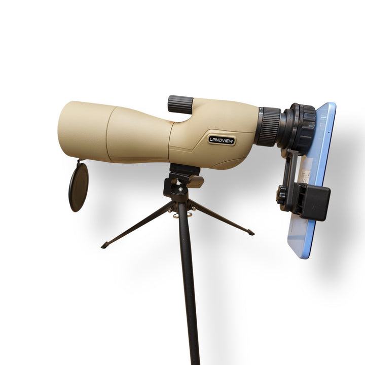 Khaki spotting scope with mobile clip and tripod in the Complete Spotting Scope Kit