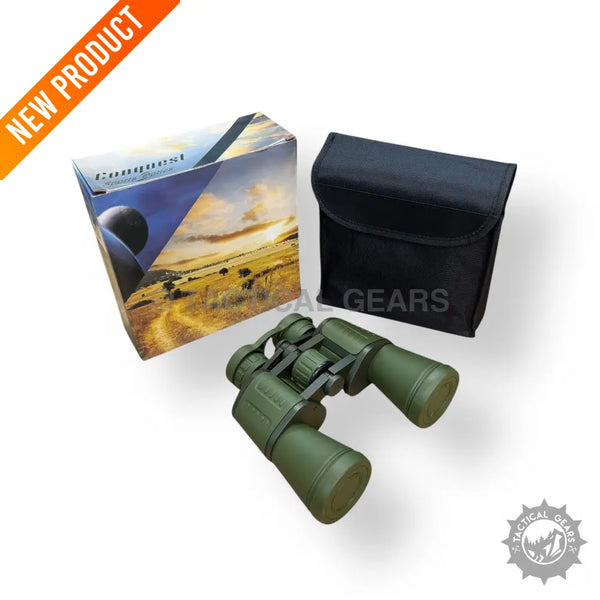 Olive green Conquest Seeker 20x50 military binoculars with black carrying case and box