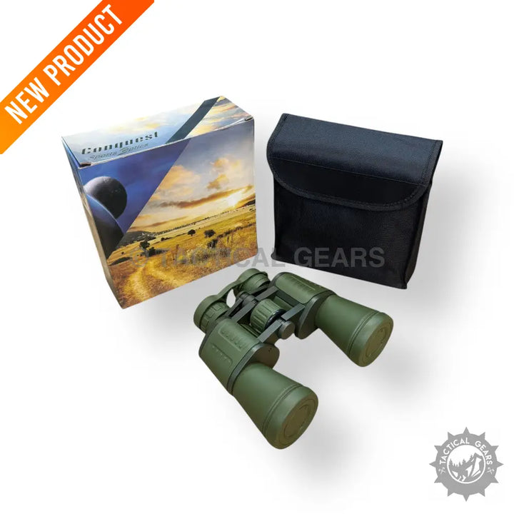 Olive green Conquest Seeker 20x50 military binoculars with black carrying case and box