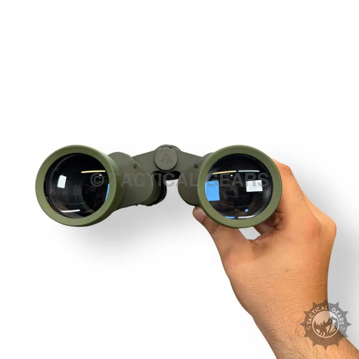 Olive green Conquest Seeker 20x50 military-style binoculars with textured grip