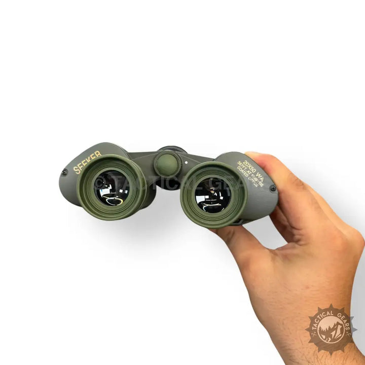 Olive green Conquest Seeker 20x50 Military Binoculars with focus wheel for outdoor viewing