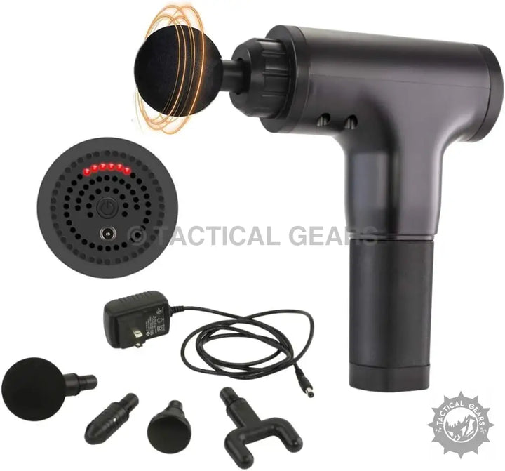 Black cordless 12 Volt deep tissue percussion massager with interchangeable heads for pain relief