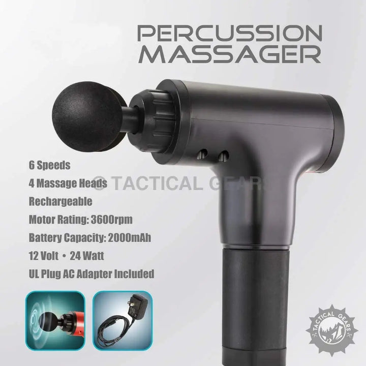 Black cordless 12 Volt deep tissue percussion massager with multiple speed settings for pain relief