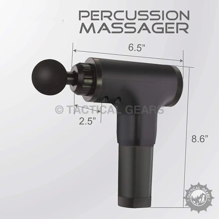 Black handheld percussion massager with spherical head for deep tissue pain relief
