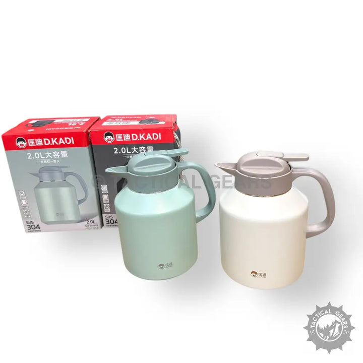 Stainless steel Kadi 2L hot and cool thermos set with two 2.0L vacuum insulated carafes in pale green and off-white