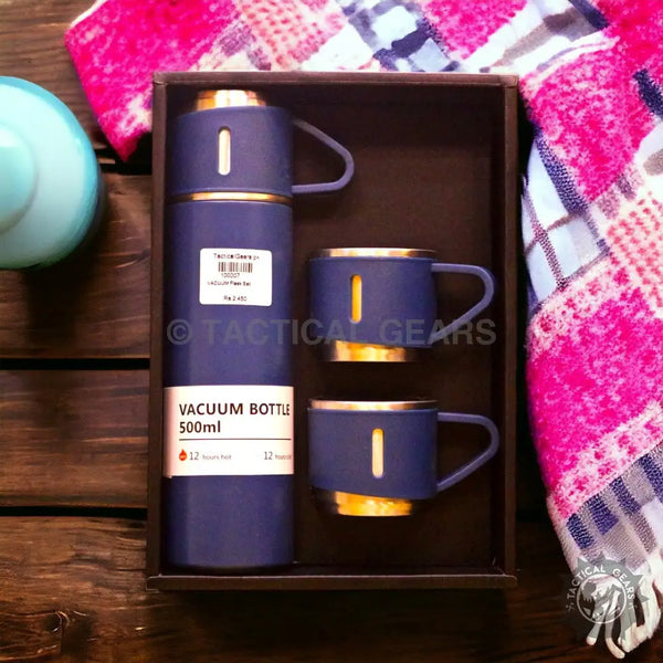 Blue vacuum flask set with two matching mugs in gift box for easy gifting